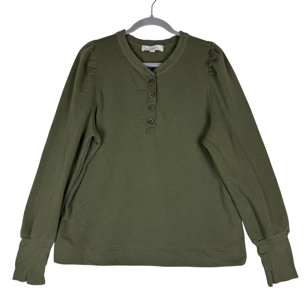 LOFT Shirt Womens Large Green Henley Long Sleeve Knit Pullover Casual Top